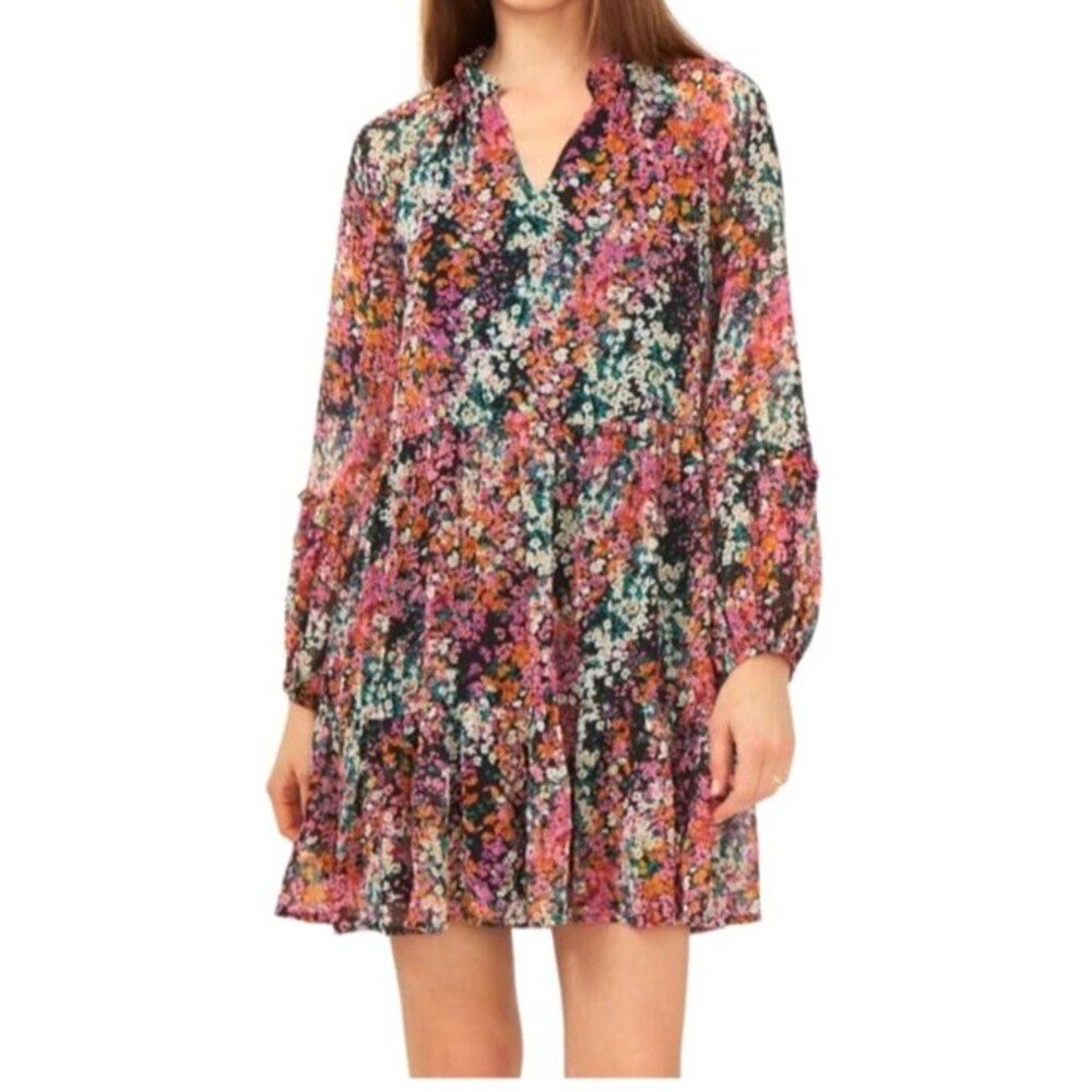 Vince Camuto Tiered Mini Dress Sz M Black Floral Cottage Romantic Babydoll Fairy